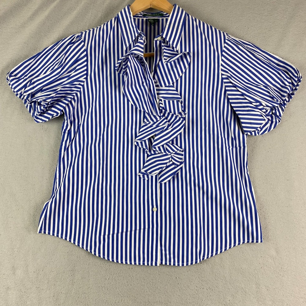 Lauren Ralph Lauren Top XL Blue White Stripes Ruffled Front Puff Sleeves